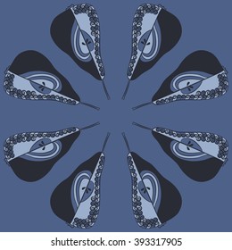 Circular pattern  of fruits motif, pears, doodles, hole, spots,spirals. Hand drawn.