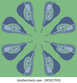Circular pattern  of fruits motif, pears, doodles, hole, spots,spirals. Hand drawn.