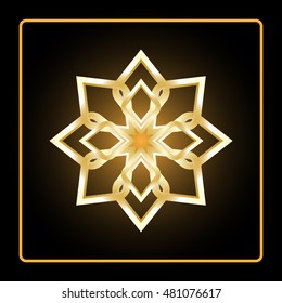 Circular pattern. Geometric icon. Eight pointed gold figure on black background. Modern style. Vector illustration. Mandala. Fashion graphic design. 