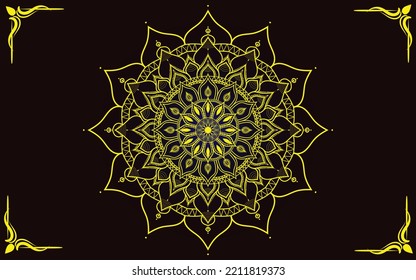 Patrón circular color dorado mandala arte sobre un fondo oscuro para el afiche o pancarta de la meditación, mandala de dibujo a mano para festivales, fondo de lujo 