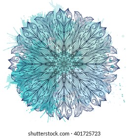 Circular pattern of hand drawn boho pattern with watercolor splashes. Tribal doodle background. Vector element for your creativity.