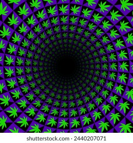 Circular pattern of hemp leaf shapes. It seems that they spin slowly around black hole. Optical illusion background for music party poster design.