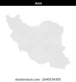 A circular pattern illustrates the map of Iran using lines.