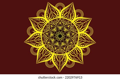 Patrón circular arte de mandala india aislado en un fondo rojo, elementos de decoración para el afiche de meditación, pancarta, tarjeta de invitación, henna, tatuaje, fondo de lujo, ilustración vector 
