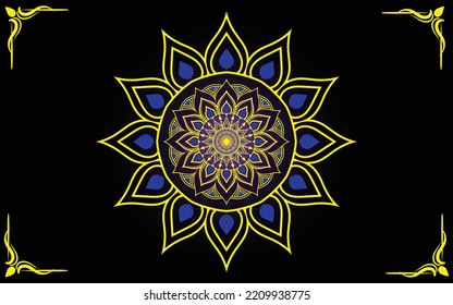 Circular muster Indian mandala art einzeln auf dunklem Hintergrund, Dekorationselemente für Meditationspopster, luxuriöser Hintergrund, Einladungskarte, Henna, Tattoo, luxuriöser Hintergrund, Vektorgrafik 
