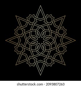 Circular pattern with interlaced golden lines, stars and stylized floral elements on black background. Geometric linear abstract design. Round vintage vector ornament in Arabic style. Mandala.
