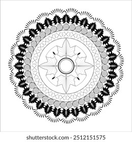 A circular pattern with intricate swirling details. The black and white design creates a versatile and visually striking piece. 