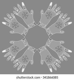 Circular   pattern  of knitwear  motif, doodles, objects,snowflakes, mittens. Hand drawn.