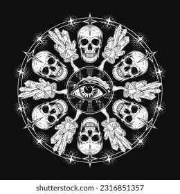 Patrón circular como mandala con cráneo, hongos de fantasía, cristales, tercer ojo, estrellas, medio tono. Concepto de espíritu sagrado, magia, mente expandida, habilidades psíquicas. Ilustración mística surrealista