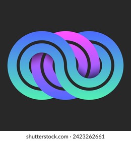 Circular pattern logo or infinity symbol from round links weaving symbol, vibrant gradient creative design. Overlapping 3 circles logotype from bright colorful overlapping rounded geometric shapes.