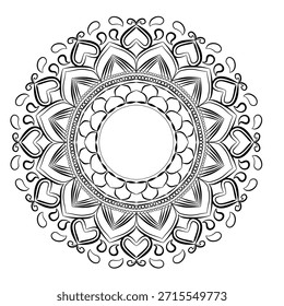 
Elementos circulares de la decoración del arte del mandala del modelo para el cartel de la meditación.   Mandala de filigrana de contorno de Vector. Ornamento blanco y negro oriental con la Plantilla para la materia textil, alfombra, cojín, mantón. Elemento para el diseño.