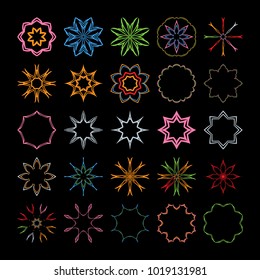 Circular pattern, mandala. Bright colored elements on a dark background. 25 graphic objects, vector illustration