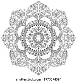 Circular Pattern Mandala Flower Petal Rose Style Vector Lotus Leaves Henna Mehndi Meditation Tattoo Decoration Ornament Ethnic Oriental Coloring Book Page Practice Paint Print Screen Fabric Textile 