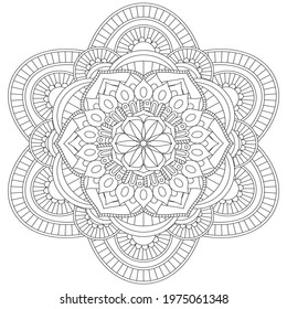 Circular Pattern Mandala Flower Petal Rose Style Vector Lotus Leaves Henna Mehndi Meditation Tattoo Decoration Ornament Ethnic Oriental Coloring Book Page Practice Paint Print Screen Fabric Textile 