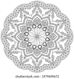 Circular Pattern Mandala Flower Rose Style Vector Lotus Leaves Henna Mehndi Meditation Tattoo Decoration Ornament Ethnic Oriental Coloring Book Page Practice Paint Print Screen Fabric Textile 