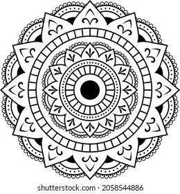 Circular pattern mandala for Henna, Mehndi, tattoo, card, print, cover, banner, poster, brochure, decoration in ethnic oriental style for coloring book page.