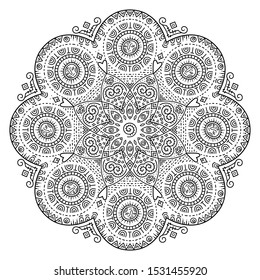 The circular pattern of the mandala with the ornament in ethnic American style for tattoo, decoration. Outline Doodle hand draw vector illustration.