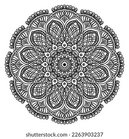 Circular pattern in mandala shape for Henna, Mehndi, tattoo, decoration. Decorative ornament in ethnic oriental style. Coloring book page.