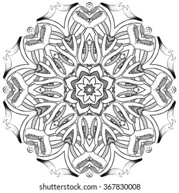 circular pattern, Mandala,Vintage banner ribbon, isolated on white,handmade,vector illustration,ink, pen capillary,black and white,coloring books for children and adults