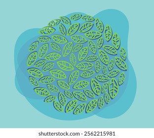 Circular pattern with minimalistic leaves vector illustration. Round ornament with green floral elements on abstract background. Nature, decoration, summer concept