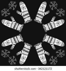 Circular,    pattern  of mitten  motifs, doodles, objects, snowflakes, knitwear. Hand drawn.