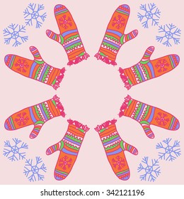 Circular   pattern  of mitten  motifs, doodles, objects, snowflakes, knitwear. Hand drawn.
