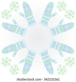 Circular    pattern  of mitten  motifs, doodles, objects, snowflakes, knitwear. Hand drawn.