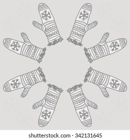 Circular    pattern  of mitten  motifs, doodles, objects, snowflakes, knitwear. Hand drawn.