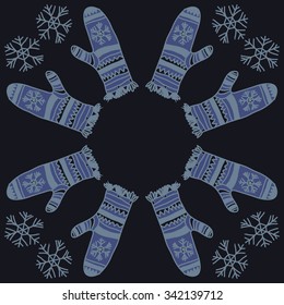 Circular   pattern  of mitten  motifs, doodles, objects, snowflakes, knitwear. Hand drawn.