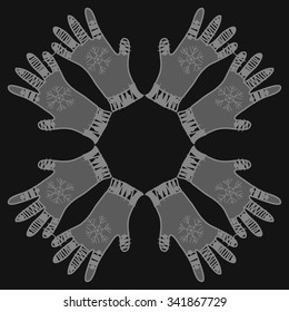 Circular   pattern  of mittens  motif, doodles, objects,snowflakes, knitwear. Hand drawn..