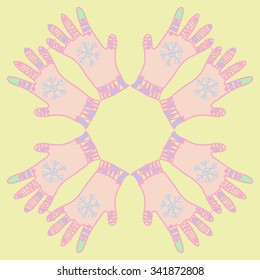 Circular   pattern  of mittens  motif, doodles, objects,snowflakes, knitwear. Hand drawn.