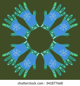 Circular   pattern  of mittens  motif, doodles, objects,snowflakes, knitwear. Hand drawn.