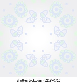 Circular  pattern of  motif with  spirals, ellipses, acorns,  spots, hole, doodles. Hand drawn.