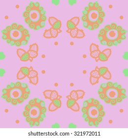 Circular  pattern of  motif with  spirals, ellipses, acorns,  spots, hole, doodles. Hand drawn.