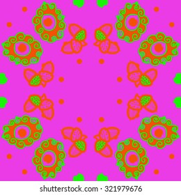 Circular  pattern of  motif with  spirals, ellipses, acorns,  spots, hole, doodles. Hand drawn.