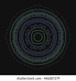 Circular pattern of oriental motif, doodles,  ellipses, stripes, zigzags, waves,hole, copy space. Hand drawn.