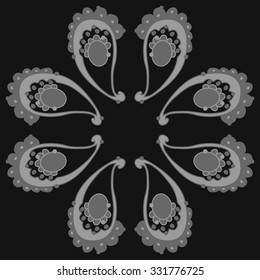 Circular   pattern  of oriental   motif,  waves, spots, hole,bagel, delicate. Hand drawn.