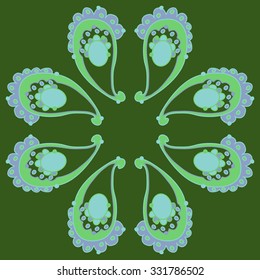 Circular   pattern  of oriental   motif,  waves, spots, hole,bagel, delicate. Hand drawn.