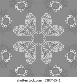 Circular   pattern  of oriental  motifs, doodles,  leaves,spirals, spots, bagels. Hand drawn.