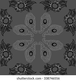Circular   pattern  of oriental  motifs, doodles,  leaves,spirals, spots, bagels. Hand drawn.