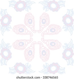 Circular   pattern  of oriental  motifs, doodles,  leaves,spirals, spots, bagels. Hand drawn.