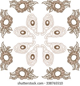 Circular   pattern  of oriental  motifs, doodles,  leaves,spirals, spots, bagels. Hand drawn.