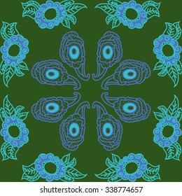 Circular   pattern  of oriental  motifs, doodles,  leaves,spirals, spots, bagels. Hand drawn.