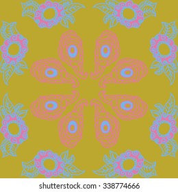 Circular   pattern  of oriental  motifs, doodles,  leaves,spirals, spots, bagels. Hand drawn.