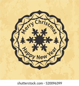 Circular pattern or ornament with the words Merry Christmas and Happy New Year, snowflake and Christmas trees