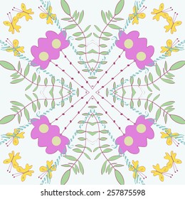 Circular  pattern of pale floral motif, butterflies,branches on a white   background. Hand drawn.