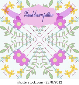 Circular  pattern of pale floral motif, butterflies,branches, label on a  white  background. Hand drawn.