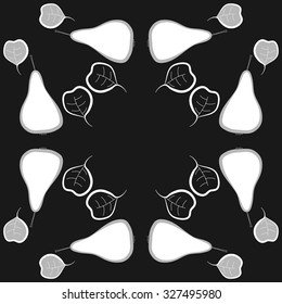 Circular  pattern with pears motif, spots, leaves. Hand drawn.