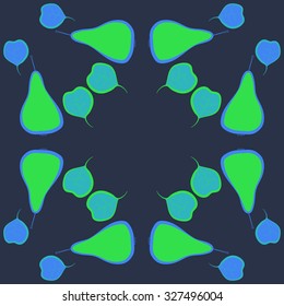 Circular  pattern with pears motif, spots, leaves. Hand drawn.