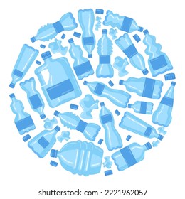 Circular pattern with plastic water bottles vector illustration. Plastic containers of different shapes and blue caps isolated on white background. Environment, ecology, zero waste, pollution concept